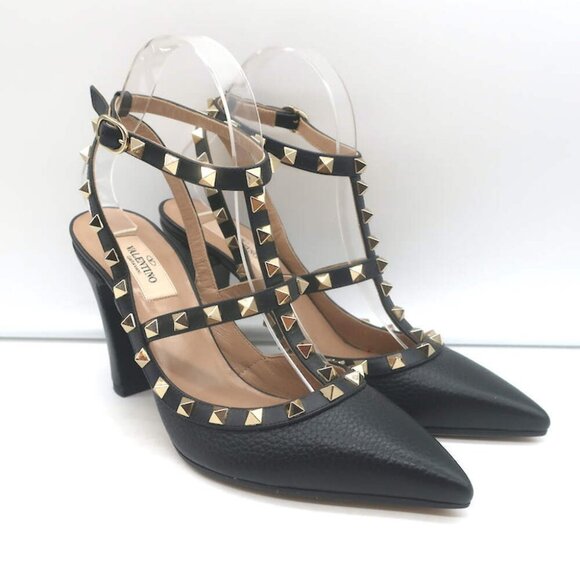 Valentino Shoes - Valentino Rockstud Ankle Strap Pumps Black Leather Size 39 Pointed Toe Heels